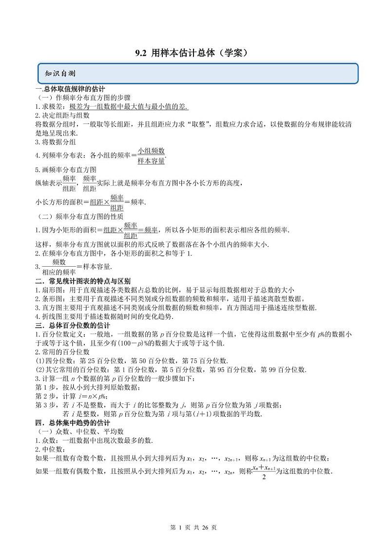人教A版高中数学必修第二册同步讲练测 9.2 用样本估计总体（原卷版）第1页