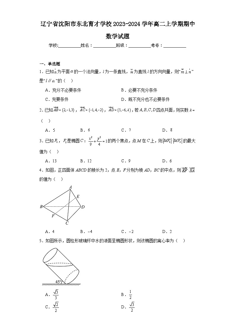 辽宁省沈阳市东北育才学校2023-2024学年高二上学期期中数学试题第1页