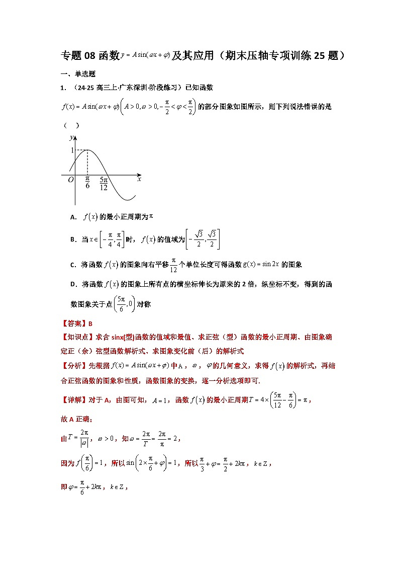 专题08 函数Y=Asin(ωx+ϴ)及其应用（期末压轴专项训练25题）（解析版）第1页