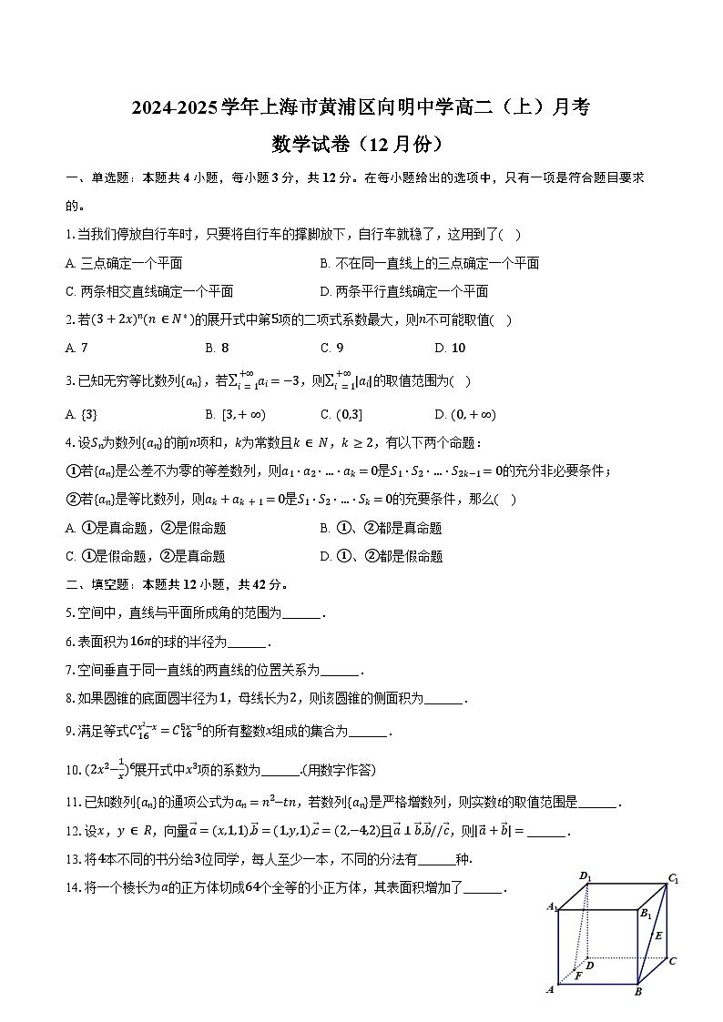 2024-2025学年上海市黄浦区向明中学高二（上）月考数学试卷（12月份）（含答案）第1页