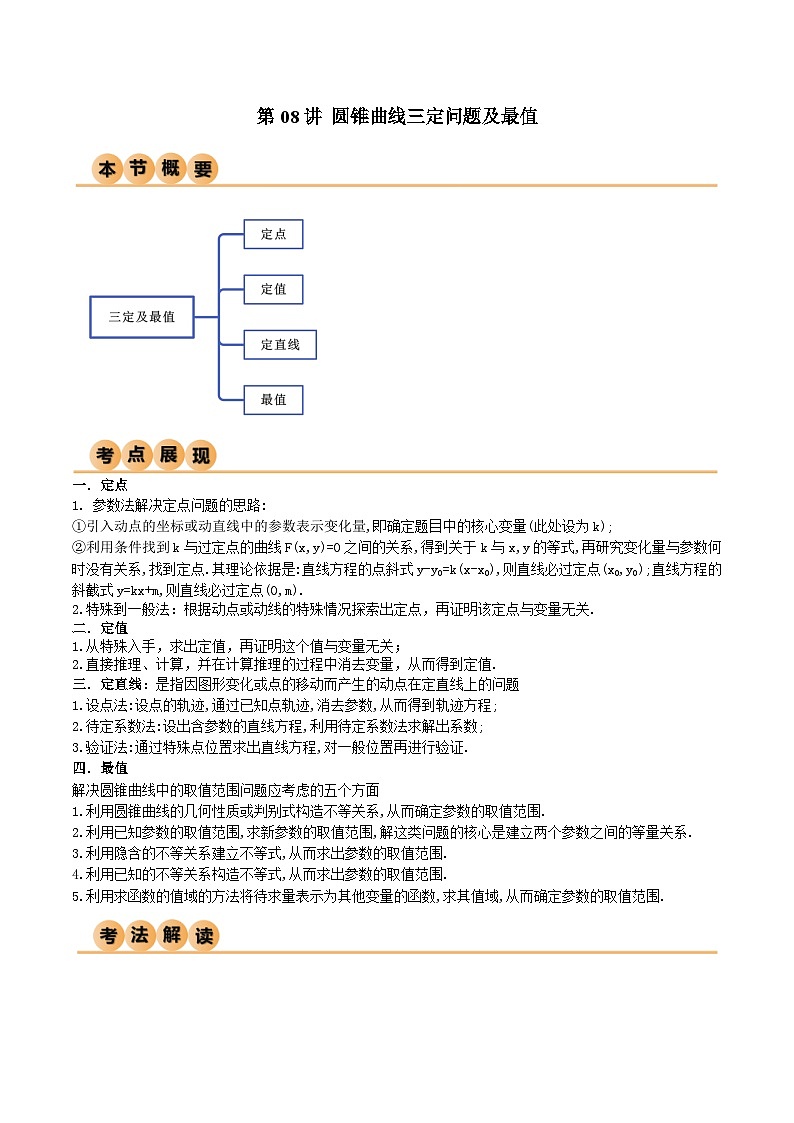 （寒假）人教A版高二数学寒假培优讲义+随堂检测+课后练习 第08讲 圆锥曲线三定问题及最值（教师版）第1页