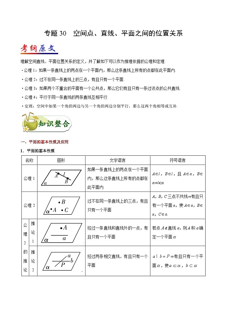 备战2025年高考理科数学考点一遍过学案考点30 空间点、直线、平面之间的位置关系（附解析）第1页
