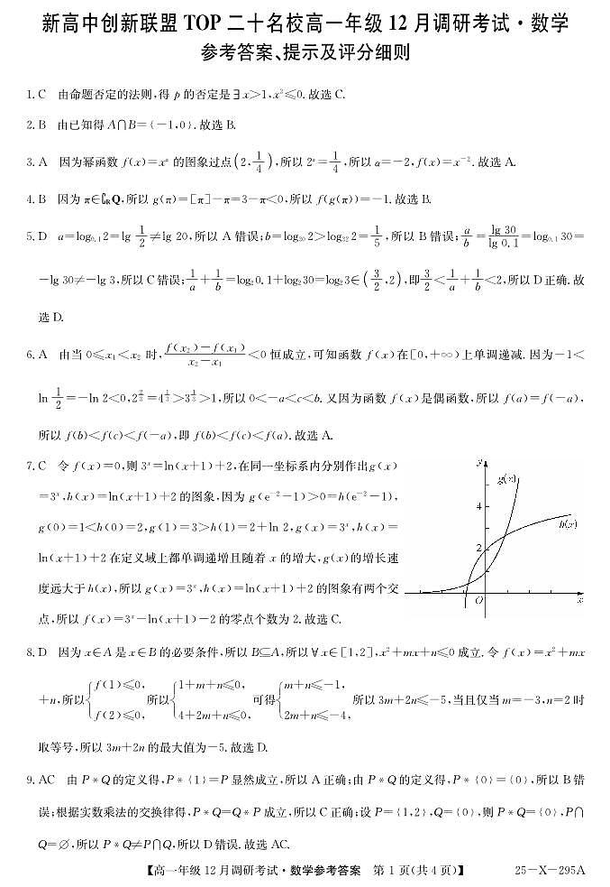 27 届高一年级 TOP二十名校12月调研考试数学答案第1页