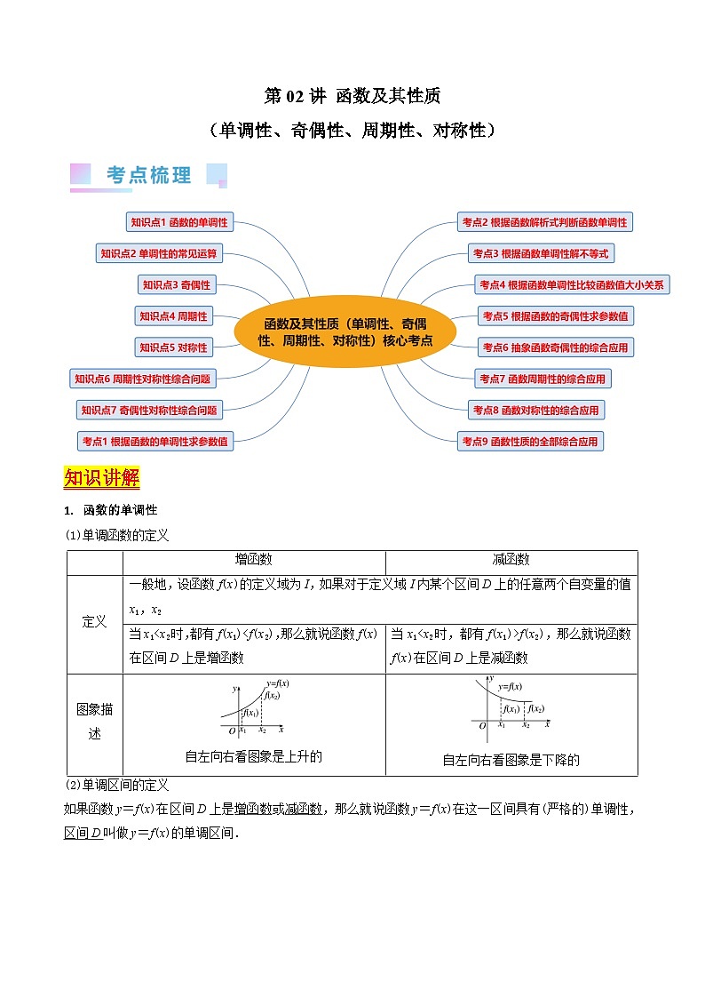 （寒假）新高考数学一轮复习考点精讲+巩固训练+随堂检测02 函数及其性质（原卷版）第1页