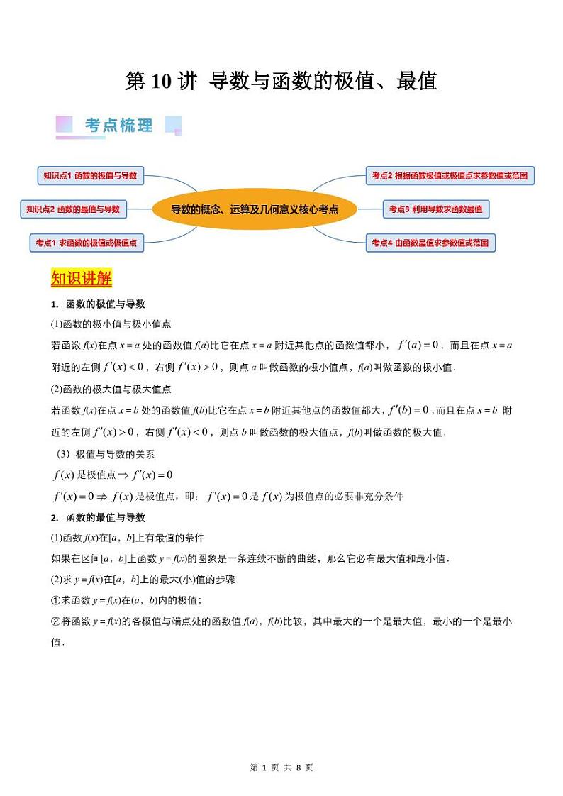 （寒假）新高考数学一轮复习考点精讲+巩固训练+随堂检测10 导数与函数的极值、最值（原卷版）第1页