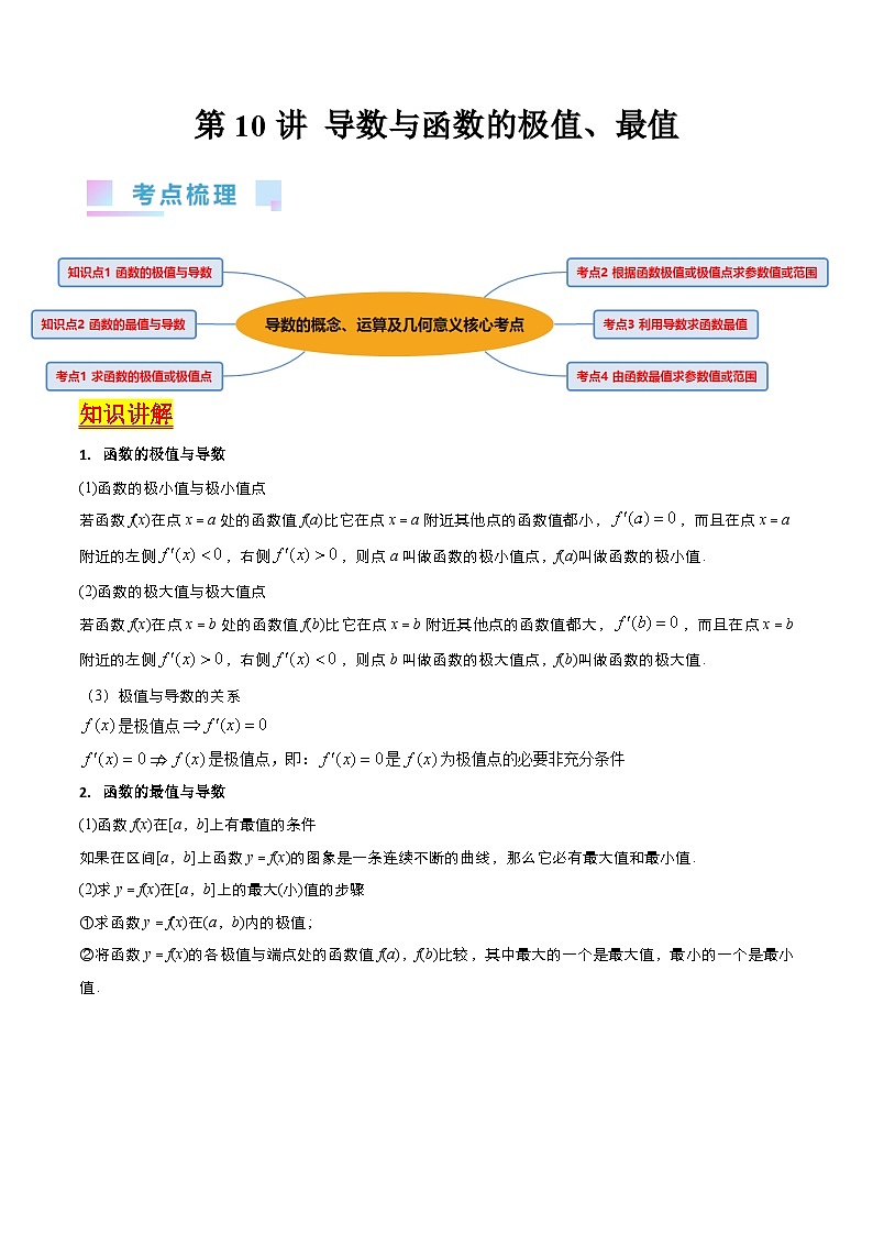 （寒假）新高考数学一轮复习考点精讲+巩固训练+随堂检测10 导数与函数的极值、最值（原卷版）第1页