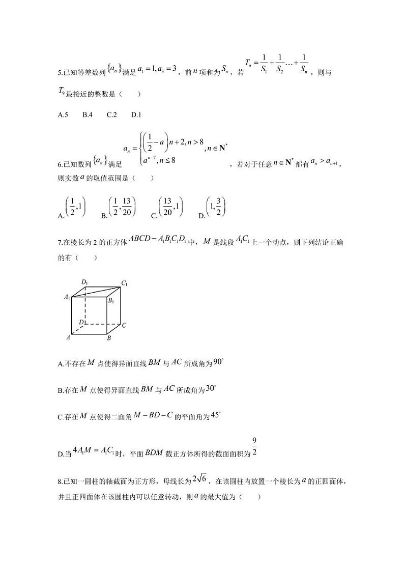 2024-2025学年安徽省六安市高三上学期11月月考数学检测试题（含答案）第2页