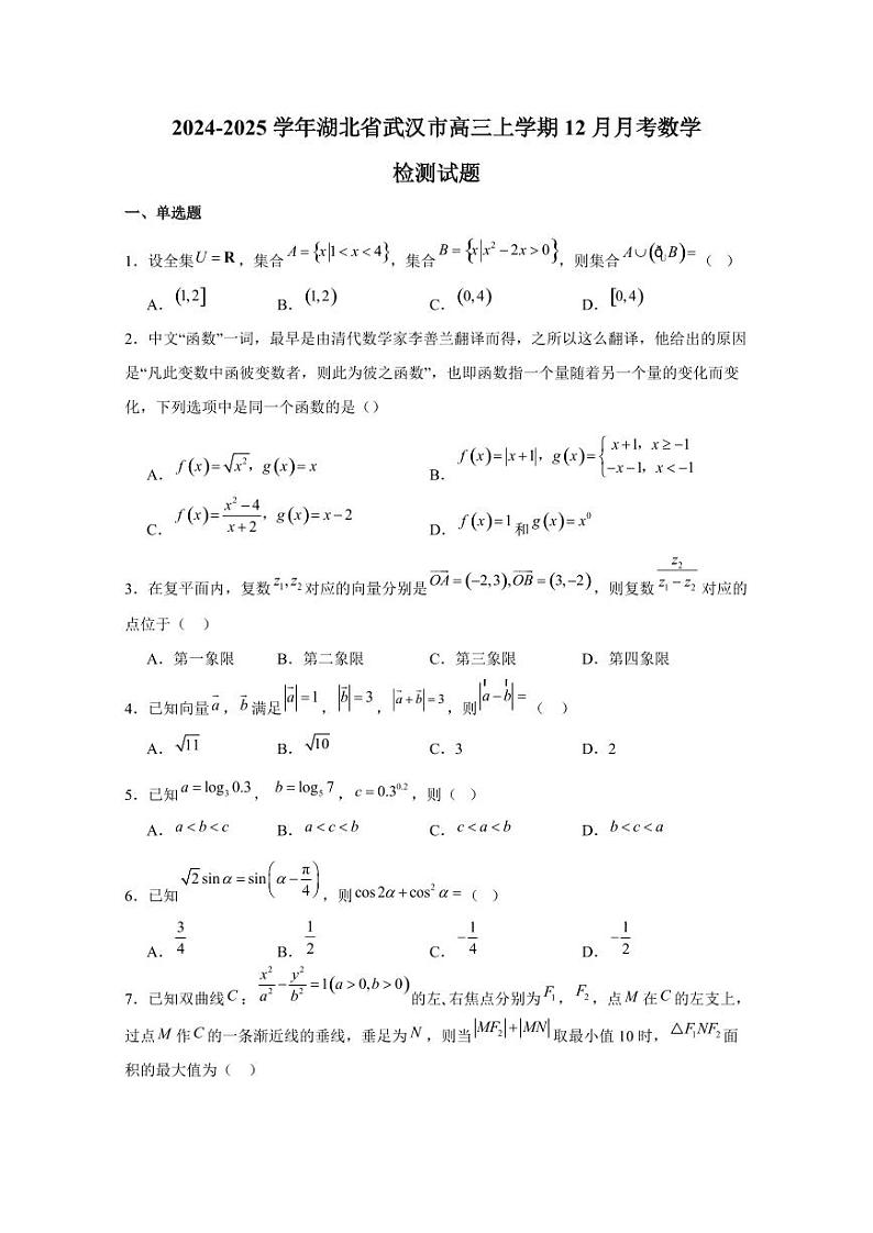 2024-2025学年湖北省武汉市高三上学期12月月考数学检测试题（含解析）第1页
