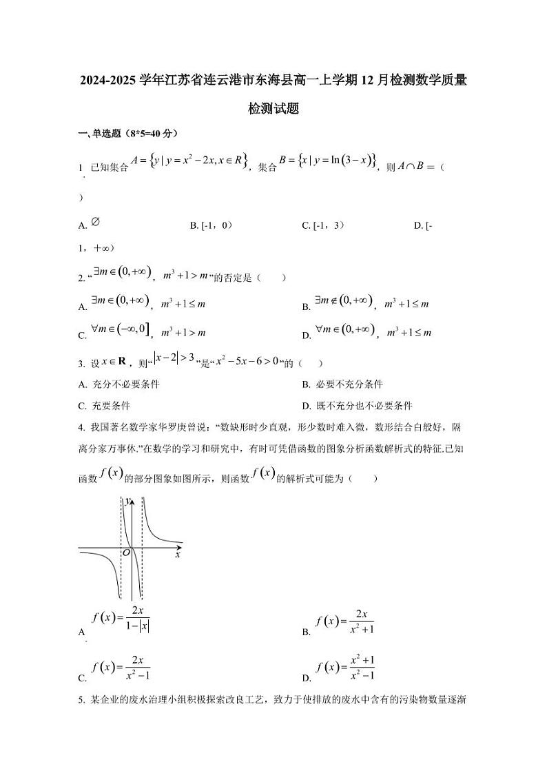 2024-2025学年江苏省连云港市东海县高一上学期12月检测数学质量检测试题第1页