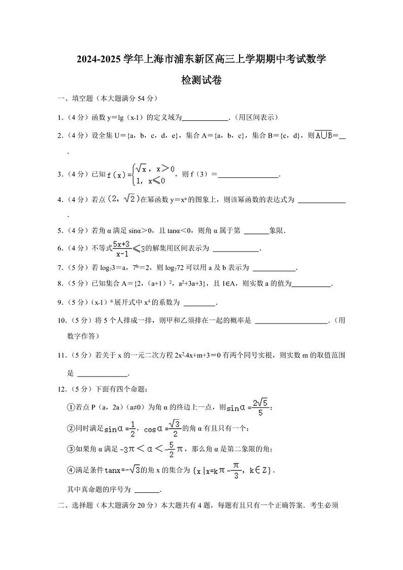 2024-2025学年上海市浦东新区高三上学期期中考试数学检测试卷（含解析）第1页