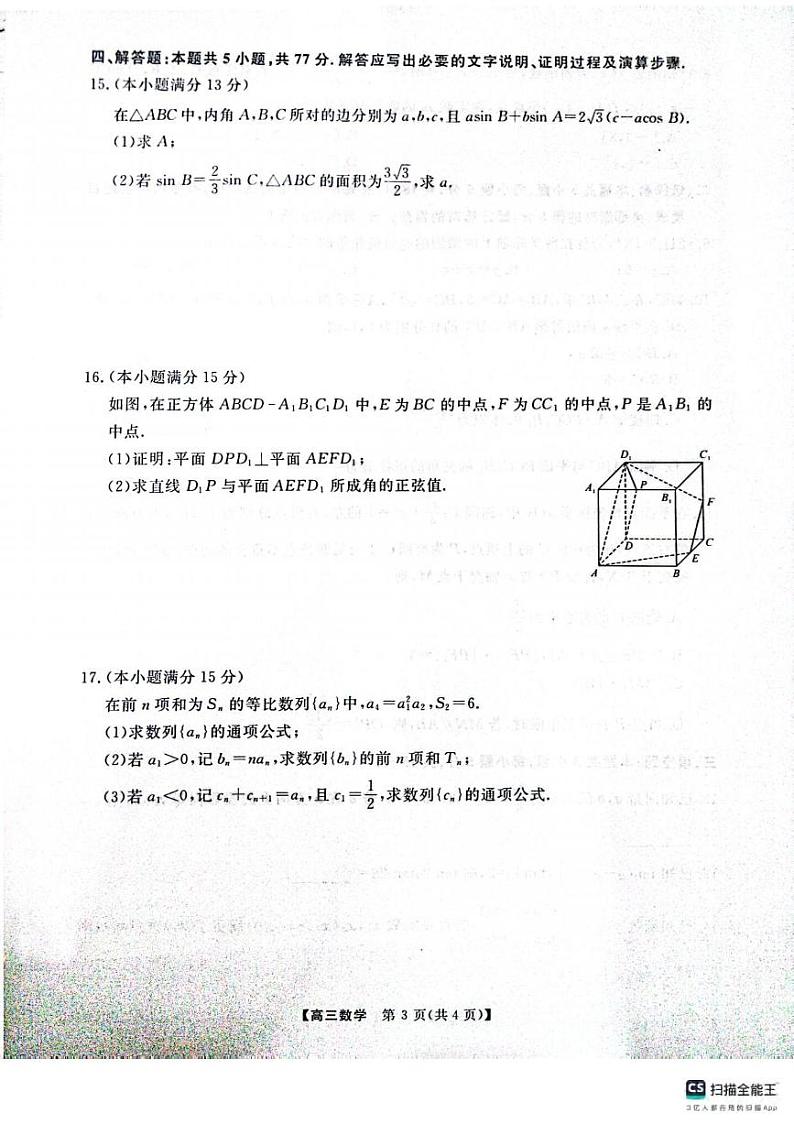 数学丨金科大联考河南省名校联盟2025届高三上学期12月月考数学试卷及答案第3页