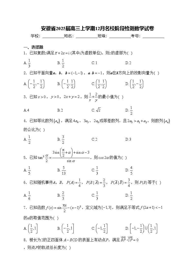 安徽省2025届高三上学期12月名校阶段检测数学试卷(含答案)第1页