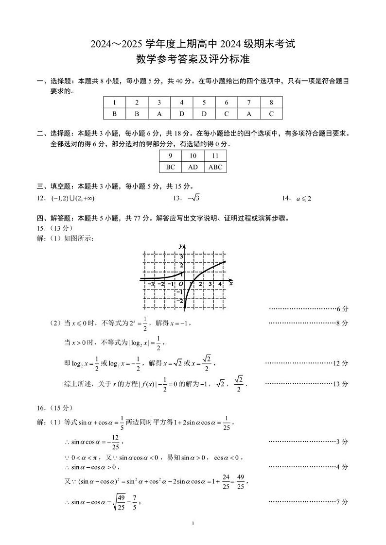 2024～2025学年度上期高中2024级期末考试数学参考答案及评分标准第1页