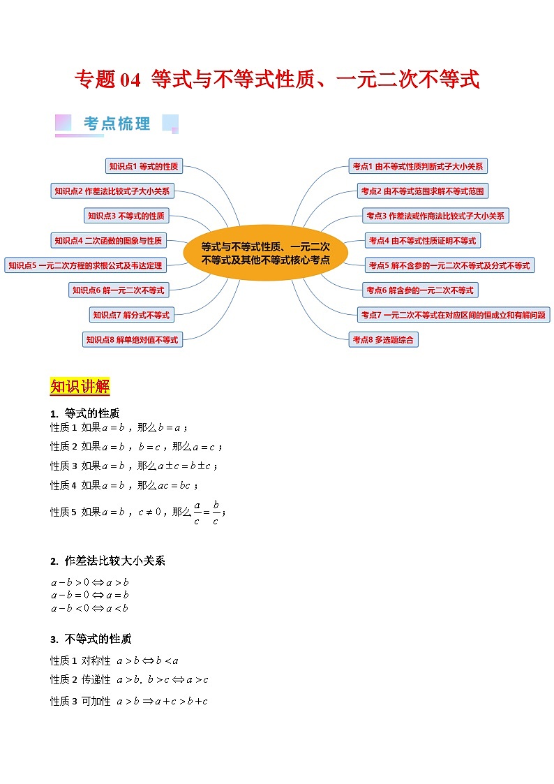 新高考数学一轮复习精品讲练测第1章专题04 等式与不等式性质（教师版）第1页