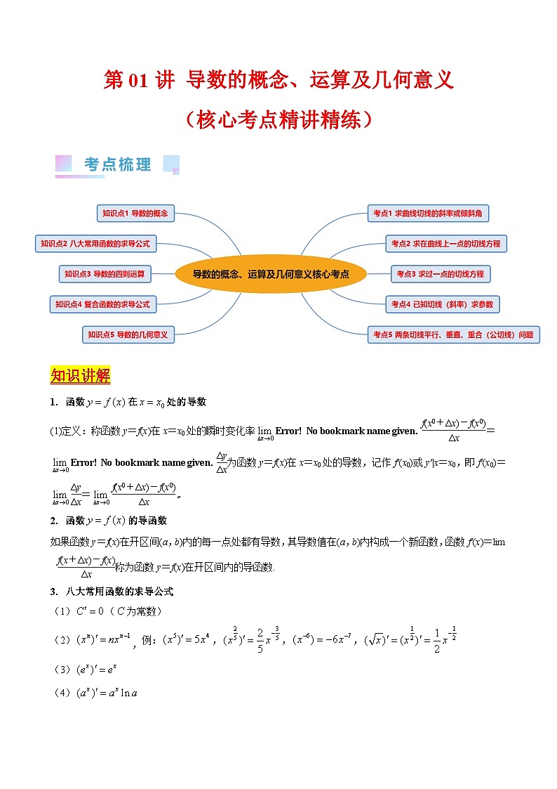 新高考数学一轮复习精品讲练测第3章第01讲 导数的概念 运算及几何意义（学生版）第1页