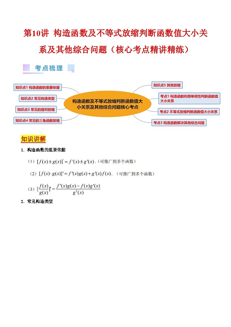 新高考数学一轮复习精品讲练测第3章第10讲 构造函数及不等式放缩判断函数值大小关系（教师版）第1页