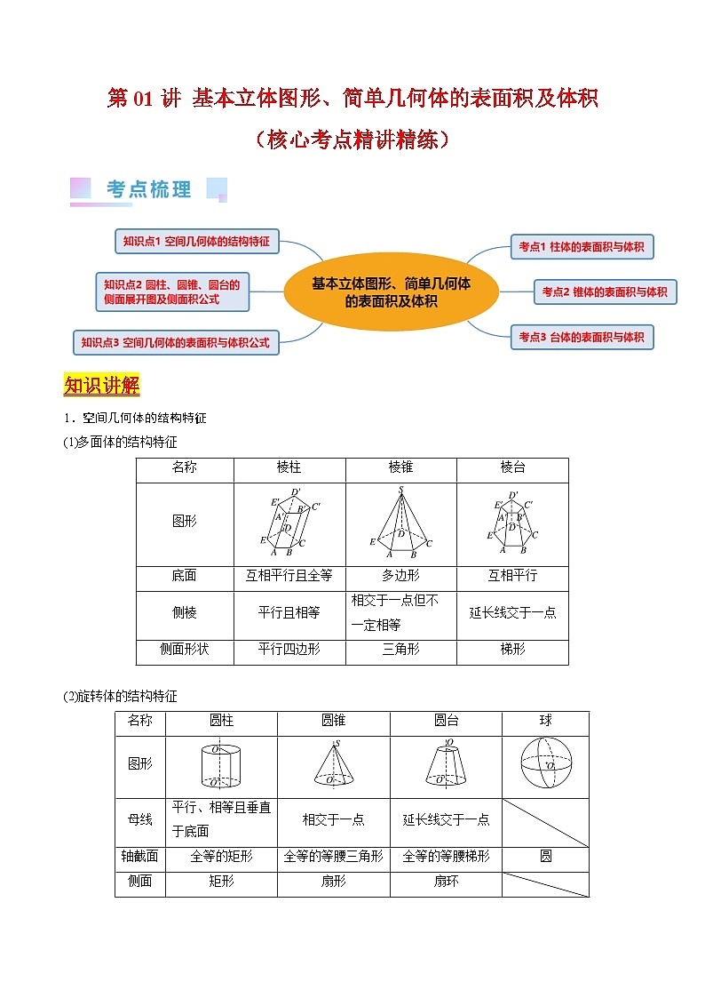 新高考数学一轮复习精品讲练测第7章第01讲 基本立体图形 简单几何体的表面积及体积（教师版）第1页