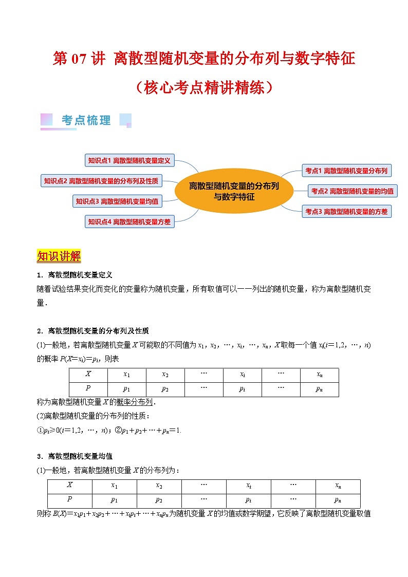 新高考数学一轮复习精品讲练测第9章第07讲 离散型随机变量的分布列与数字特征（学生版）第1页