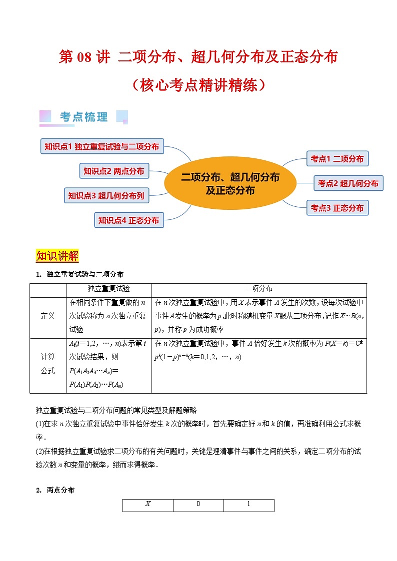 新高考数学一轮复习精品讲练测第9章第08讲 二项分布 超几何分布及正态分布（教师版）第1页
