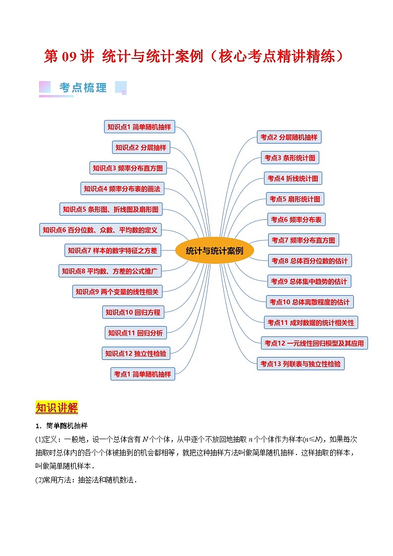 新高考数学一轮复习精品讲练测第9章第09讲 统计与统计案例（学生版）第1页