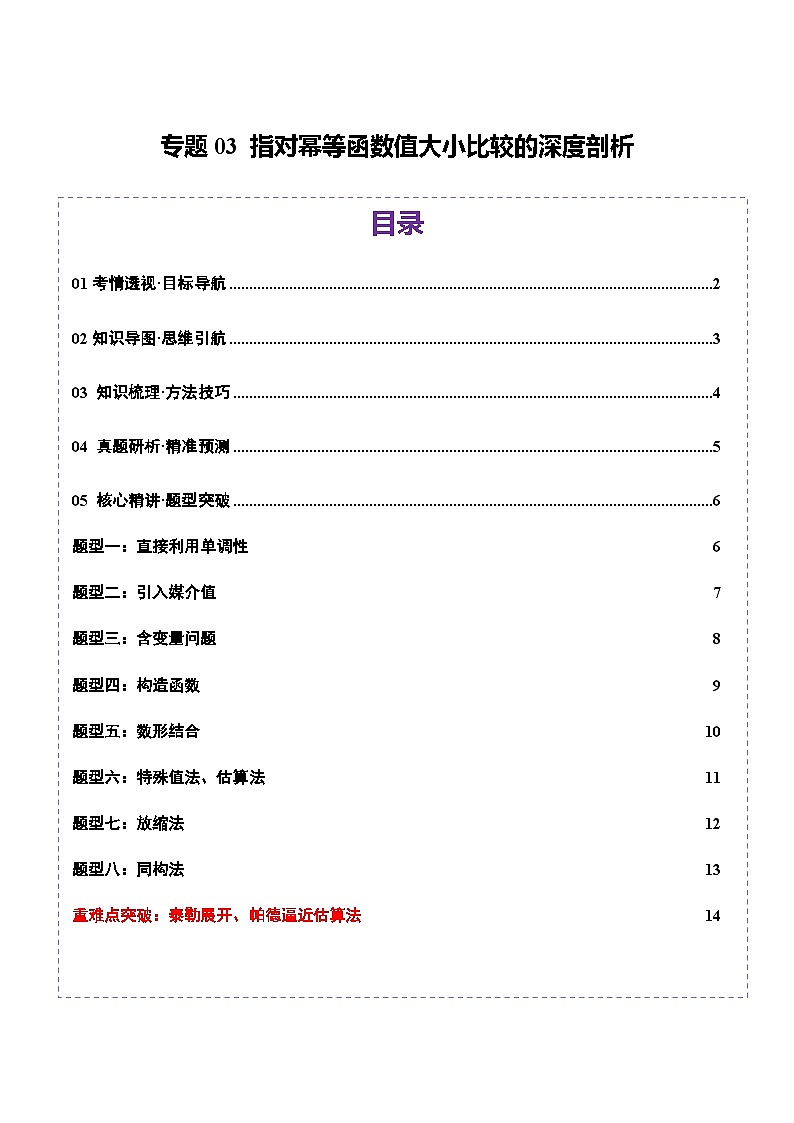 专题03 指对幂等函数值大小比较的深度剖析（讲义）-2025年高考数学二轮复习（新高考通用）（原卷版）第1页