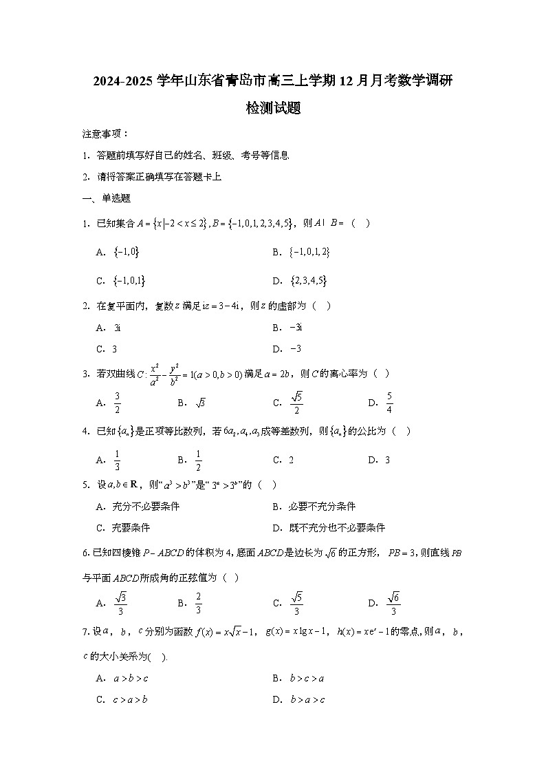 2024-2025学年山东省青岛市高三上学期12月月考数学调研检测试题（含解析）第1页