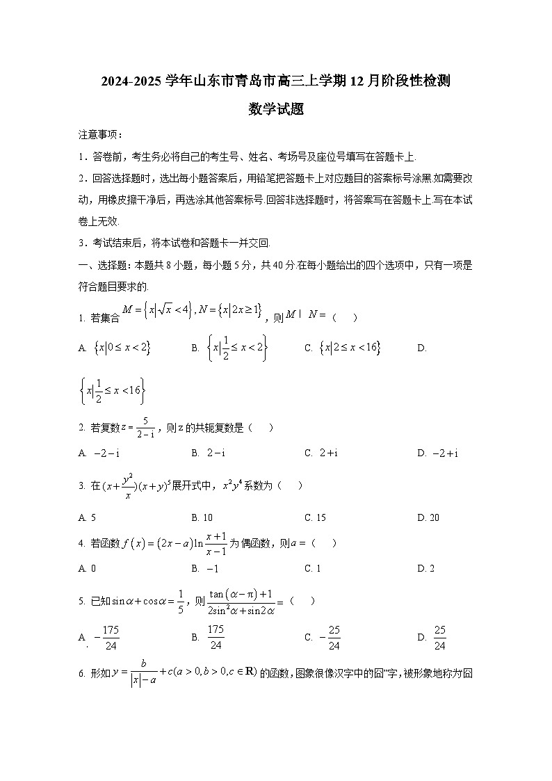 2024-2025学年山东市青岛市高三上学期12月阶段性检测数学试题第1页