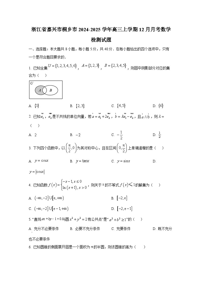 浙江省嘉兴市桐乡市2024-2025学年高三上学期12月月考数学质量检测试题第1页