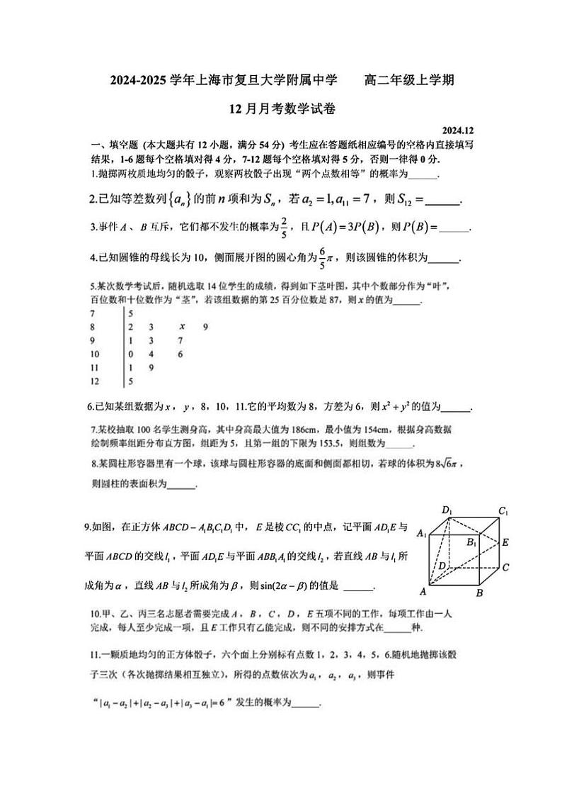 上海市复旦大学附属中学2024-2025学年高二上学期12月月考数学试题第1页