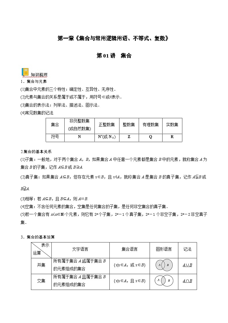 新高考数学一轮复习考点精讲精练 第01讲 集合（原卷版）第1页