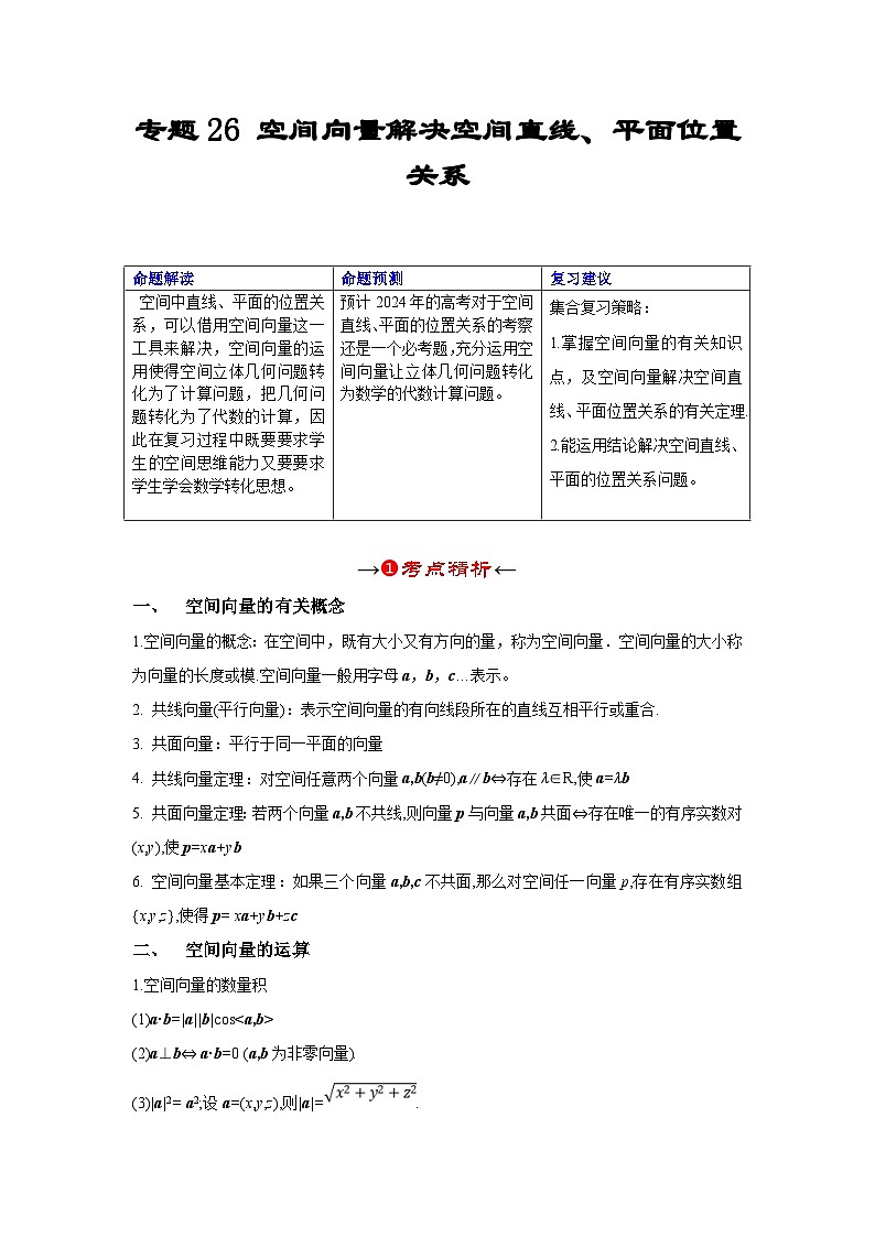 新高考数学一轮复习考点精讲+题型精练专题26 空间向量解决空间直线、平面位置关系（原卷版）第2页