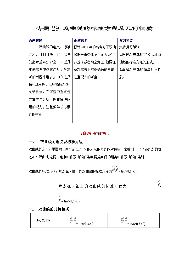 新高考数学一轮复习考点精讲+题型精练专题29 双曲线的标准方程及几何性质（原卷板）第2页