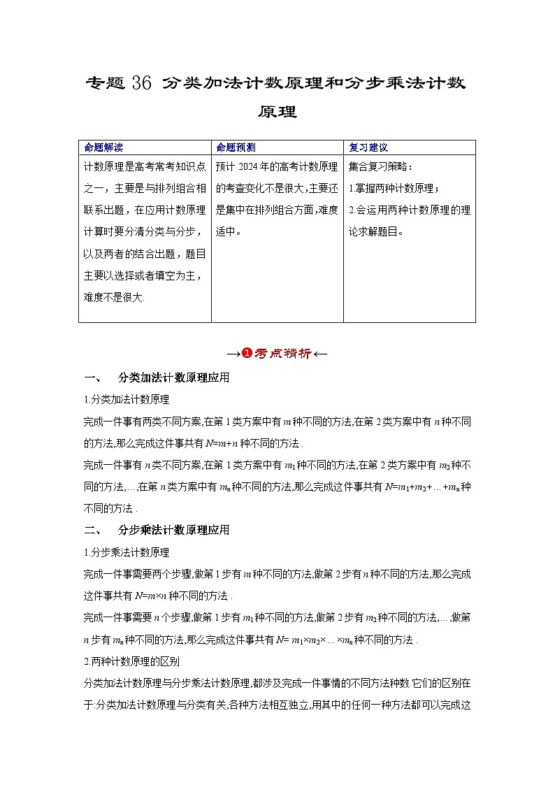 新高考数学一轮复习考点精讲+题型精练专题36 分类加法计数原理和分步乘法计数原理（原卷版）第2页