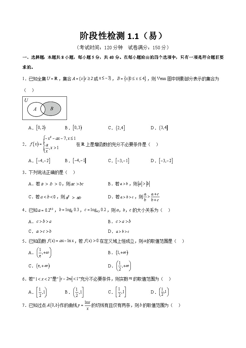 新高考数学一轮复习阶段性检测1.1（易）（范围：集合、常用逻辑用语、不等式、函数、导数）（考试版）第1页