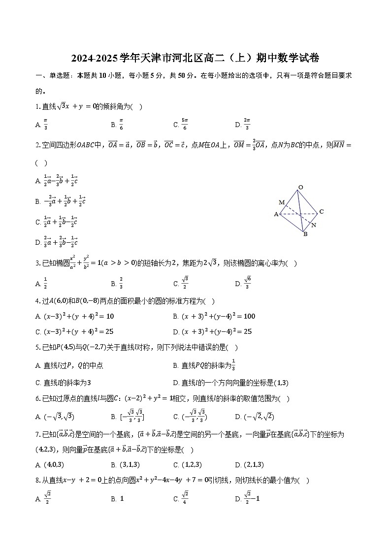 2024-2025学年天津市河北区高二（上）期中数学试卷（含答案）第1页