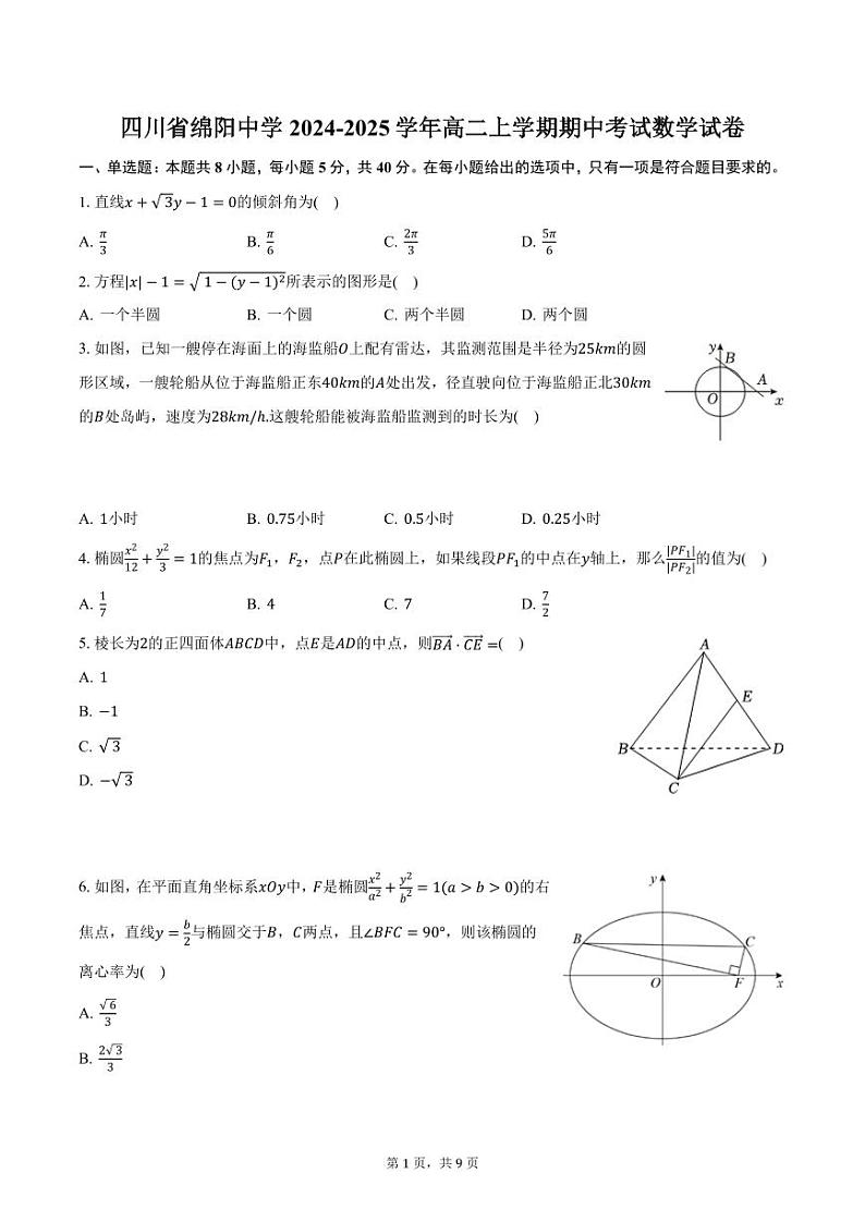 四川省绵阳中学2024-2025学年高二上学期期中考试数学试卷（含答案）第1页