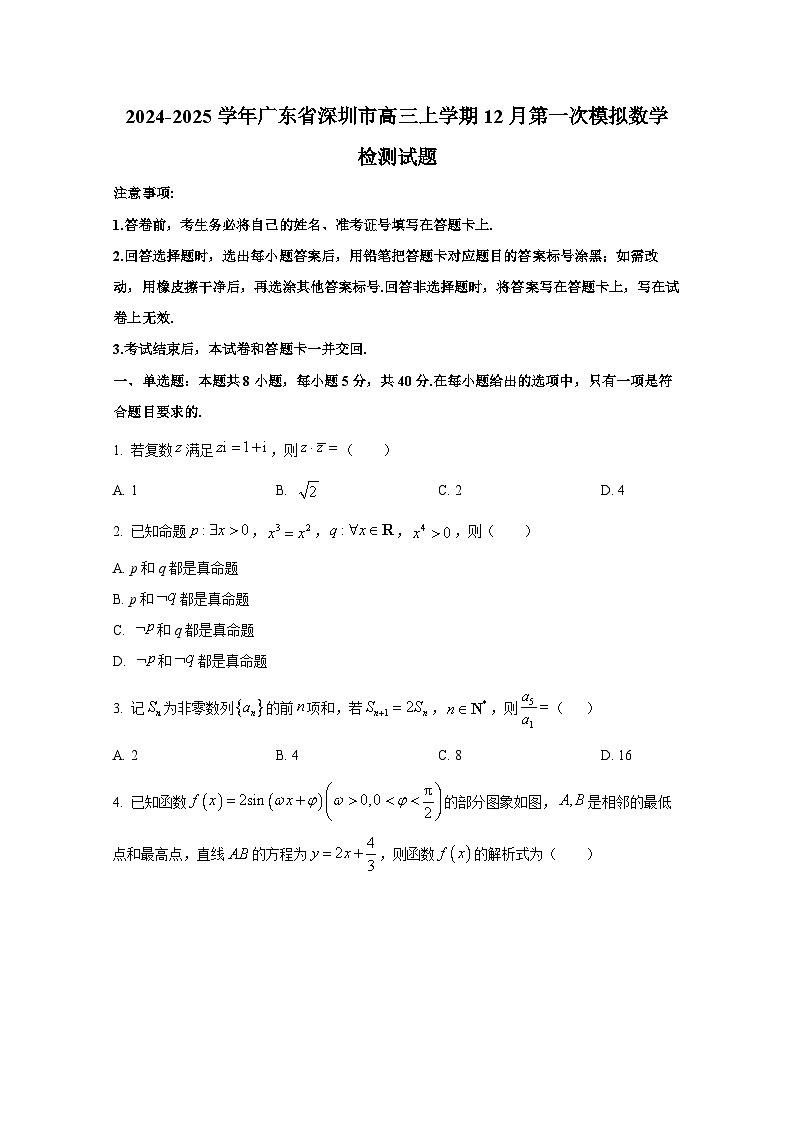 2024-2025学年广东省深圳市高三上学期12月第一次模拟数学检测试题第1页