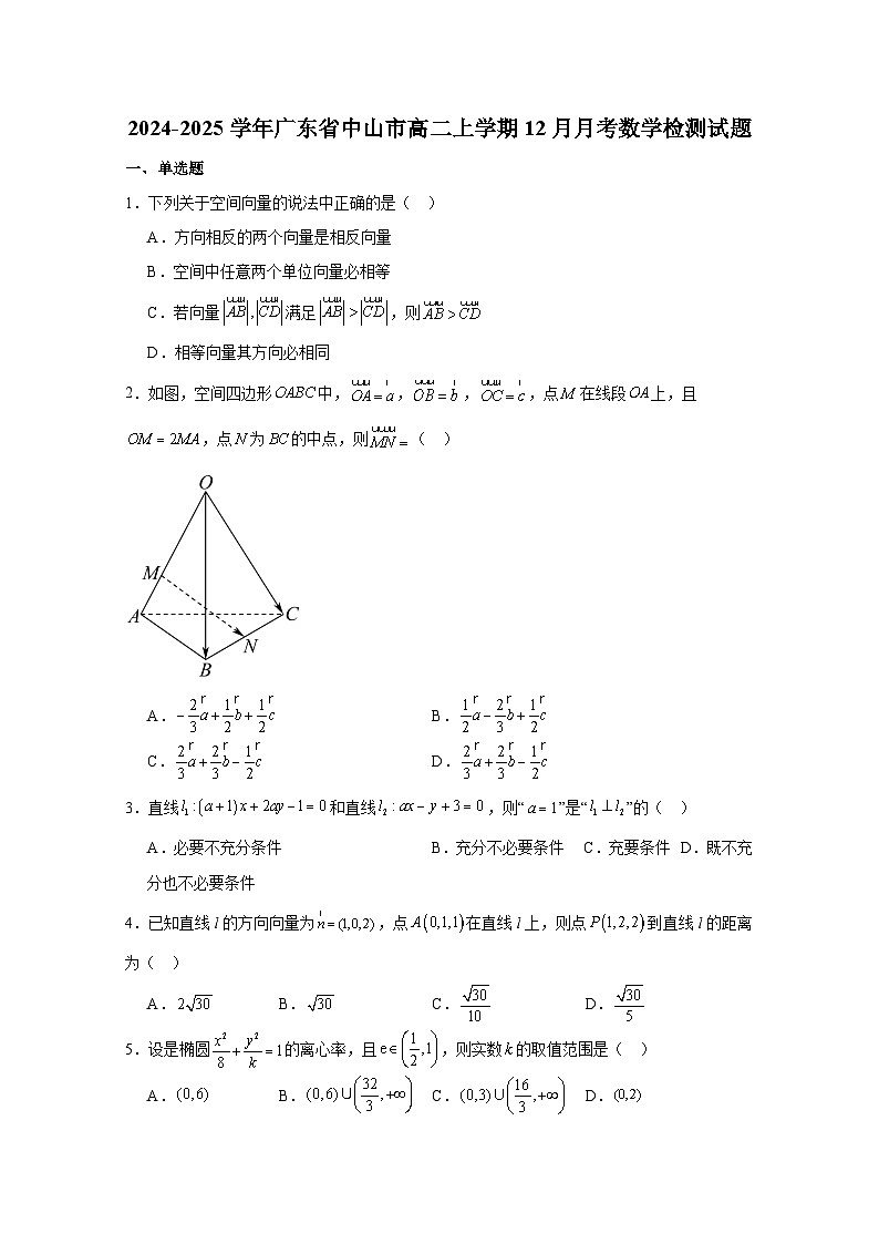 2024-2025学年广东省中山市高二上学期12月月考数学检测试题（含答案）第1页