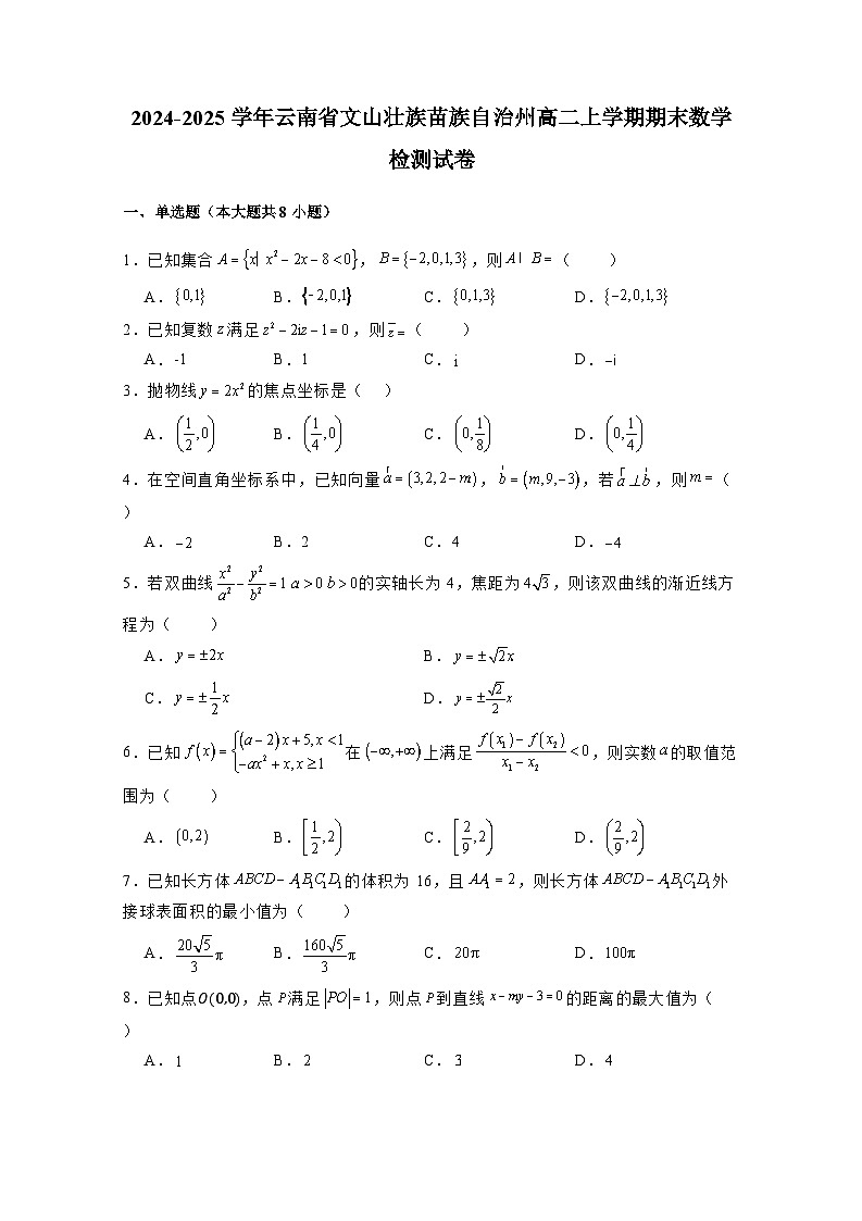 2024-2025学年云南省文山壮族苗族自治州高二上学期期末数学检测试卷（含解析）第1页