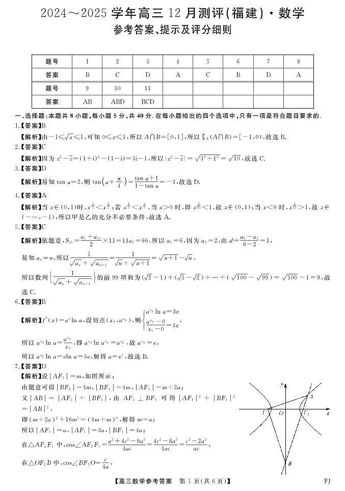 福建省2024-2025学年高三上学期12月测评数学答案第1页