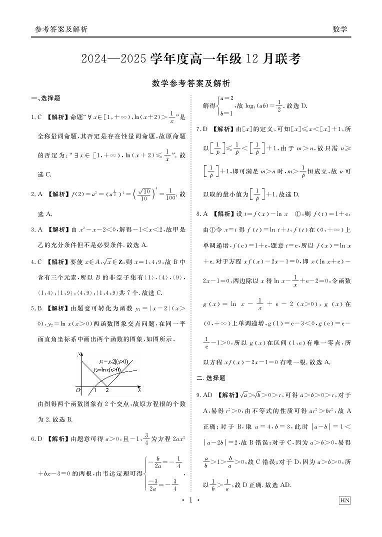衡水金卷·2024年高一年级12月联考数学答案第1页