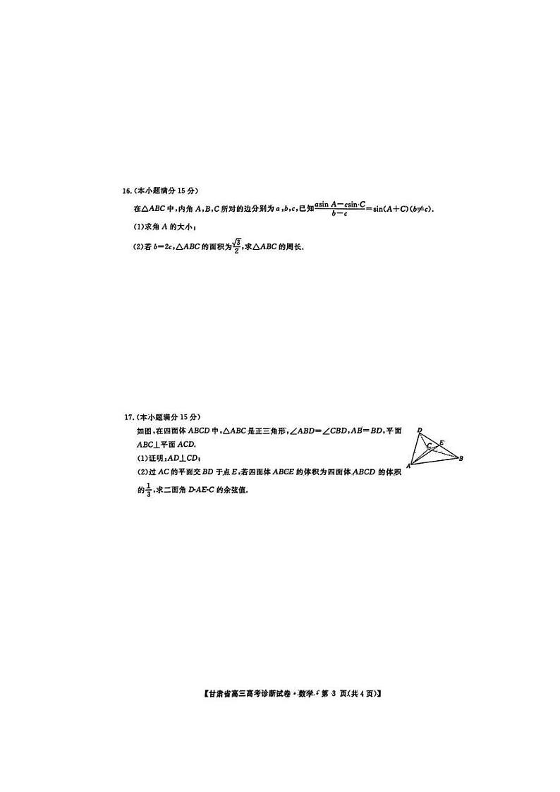 甘肃省2025届高三高考一诊（12.25-12.27）-数学试卷+答案第3页