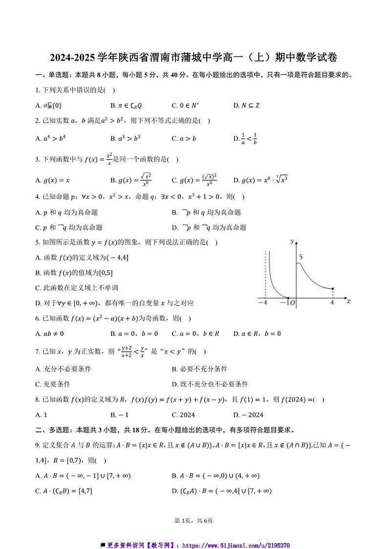 2024～2025学年陕西省渭南市蒲城中学高一(上)期中数学试卷(含答案)第1页