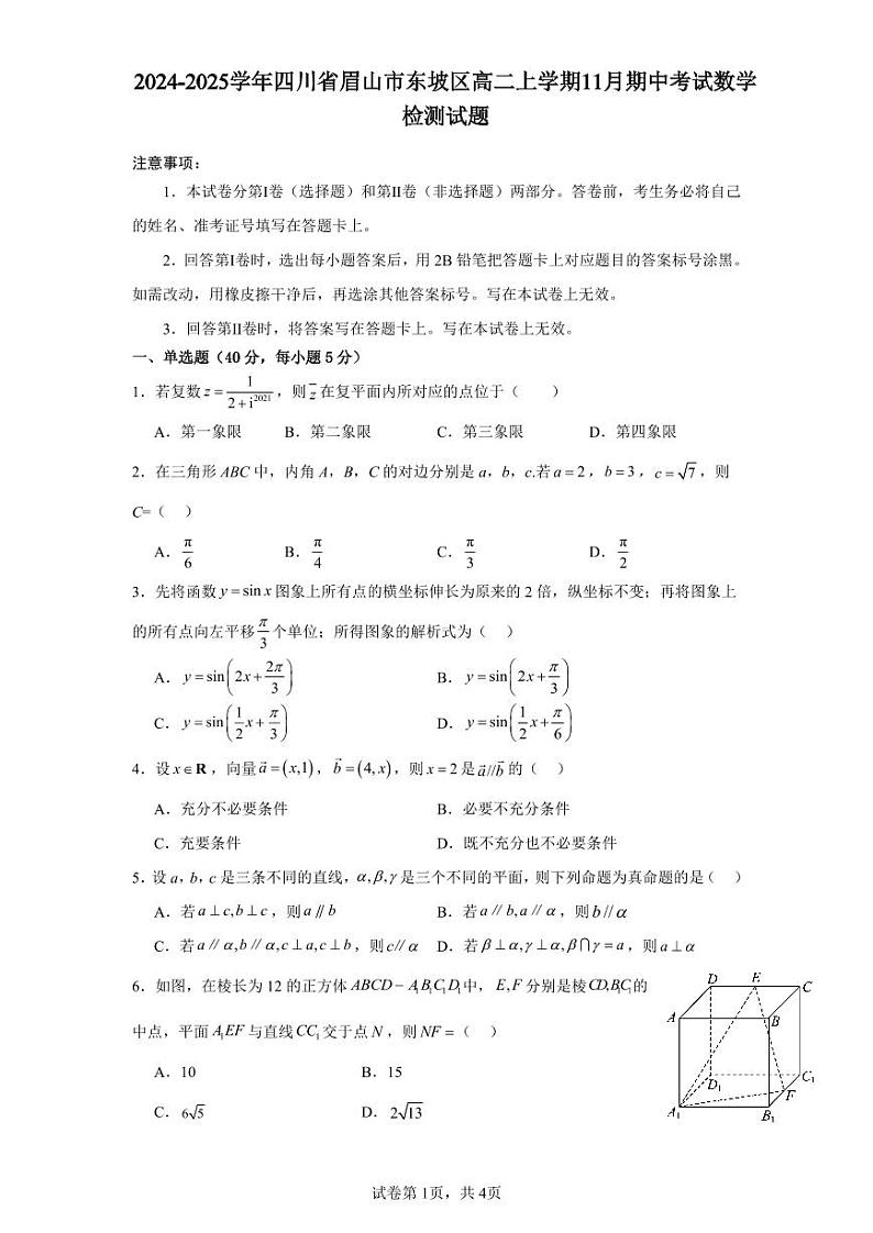 2024-2025学年四川省眉山市东坡区高二上学期11月期中考试数学检测试题（含答案）第1页