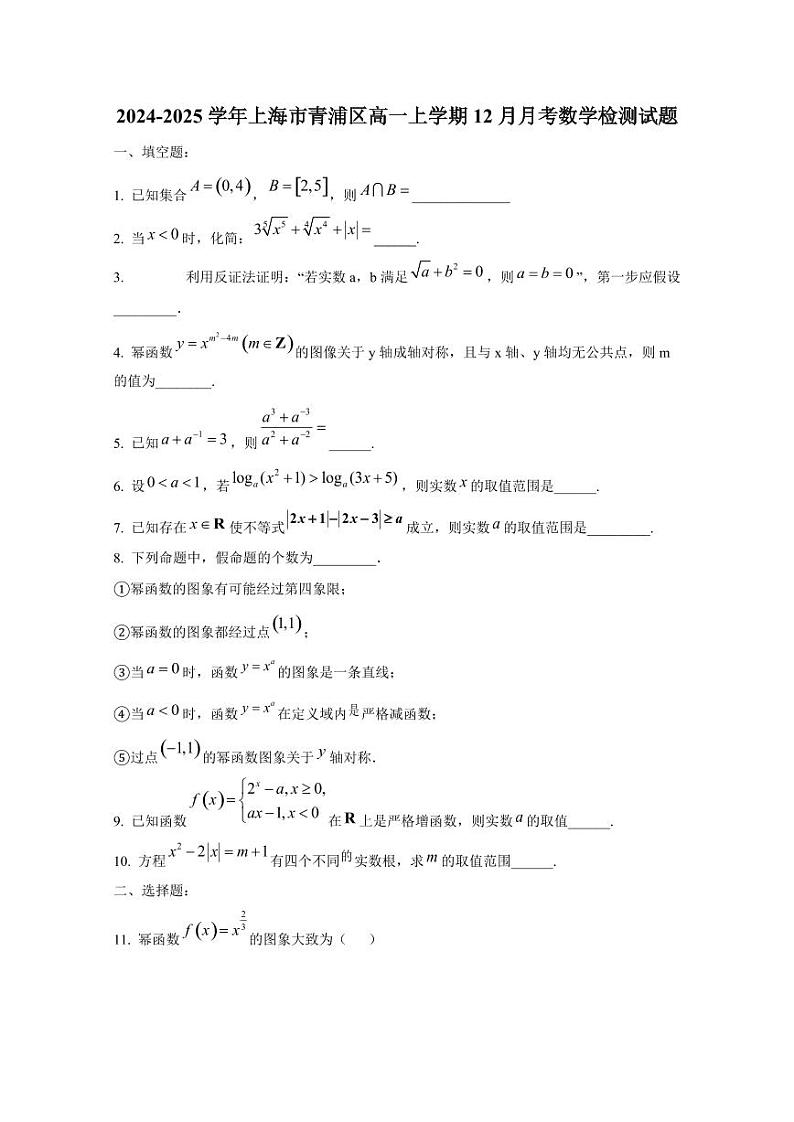 2024-2025学年上海市青浦区高一上学期12月月考数学检测试题第1页