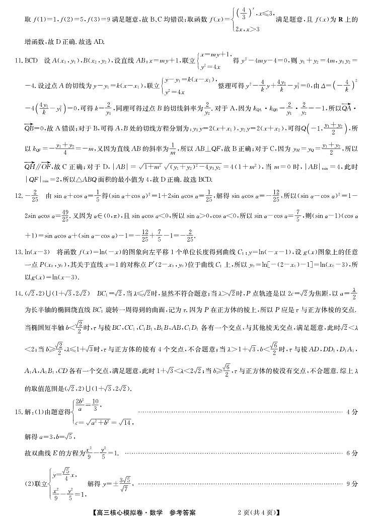 湖北省黄冈市黄梅县育才高级中学2024-2025学年高三核心模拟预测数学答案第2页