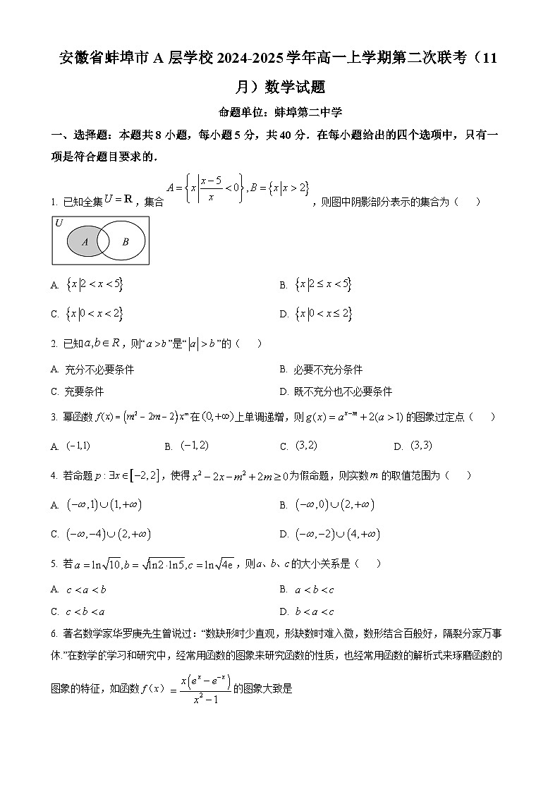 安徽省蚌埠市A层学校2024-2025学年高一上学期第二次联考（11月）数学试题  Word版无答案第1页