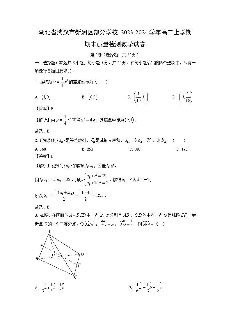 湖北省武汉市新洲区部分学校2023-2024学年高二（上）期末质量检测数学试卷（解析版）第1页