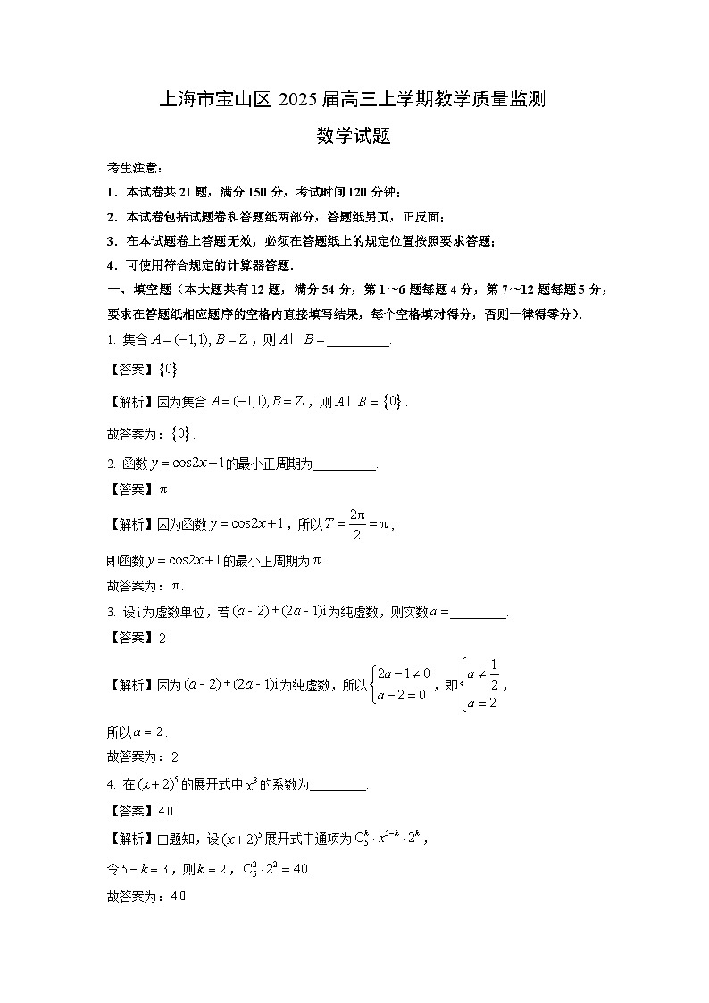 上海市宝山区2025届高三（上）教学质量监测月考数学试卷（解析版）第1页