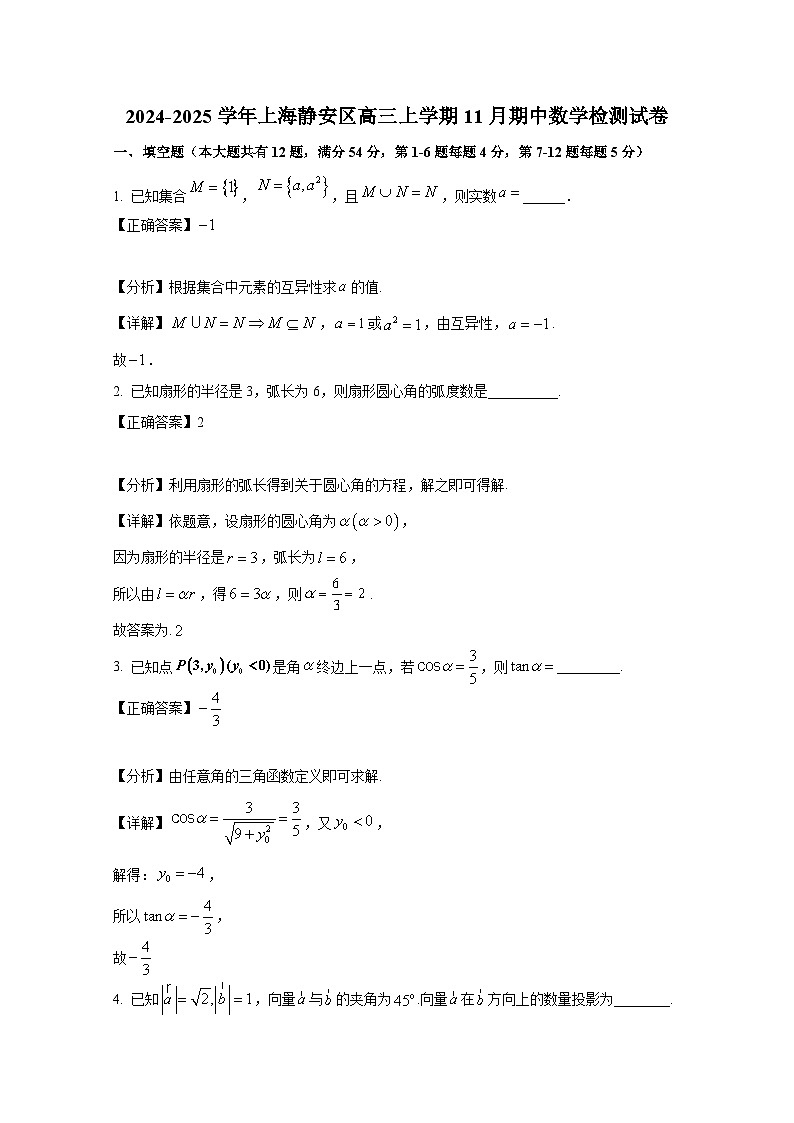 2024-2025学年上海静安区高三上册11月期中数学检测试卷（附解析）第1页